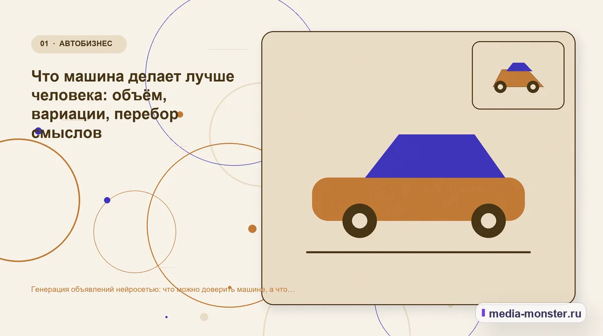Изображение 1: Ключевая тема материала — Генерация объявлений нейросетью: что можно доверить машине, а что переписывать руками | Media Monster Ключевая тема материала. Что машина делает лучше человека: объём, вариации, перебор смыслов: иллюстрация к статье «Генерация объявлений нейросетью: что можно доверить машине, а что…