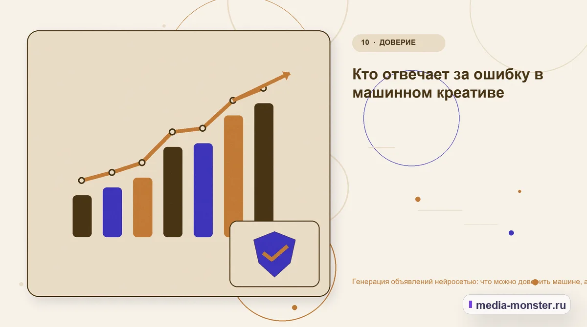 Изображение 10: Итог и следующий шаг — Генерация объявлений нейросетью: что можно доверить машине, а что переписывать руками | Media Monster Итог и следующий шаг. Кто отвечает за ошибку в машинном креативе: иллюстрация к статье «Генерация объявлений нейросетью: что можно доверить машине, а что переписывать руками»