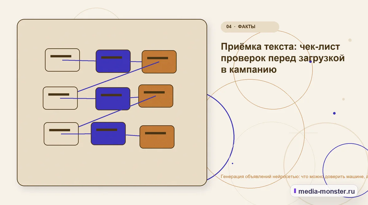 Генерация объявлений нейросетью: что можно доверить машине, а что переписывать руками — иллюстрация к разделу «Приёмка текста: чек-лист проверок перед загрузкой в кампанию»