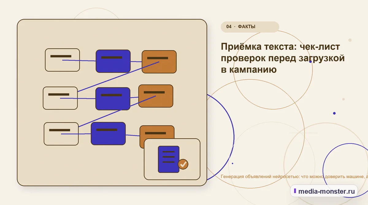 Изображение 4: Структура решения — Генерация объявлений нейросетью: что можно доверить машине, а что переписывать руками | Media Monster Структура решения. Приёмка текста: чек-лист проверок перед загрузкой в кампанию: иллюстрация к статье «Генерация объявлений нейросетью: что можно доверить машине, а что переписывать руками»