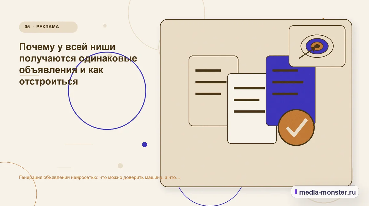 Данные и доказательства. Почему у всей ниши получаются одинаковые объявления и как отстроиться: иллюстрация к статье «Генерация объявлений нейросетью: что можно доверить машине, а что…