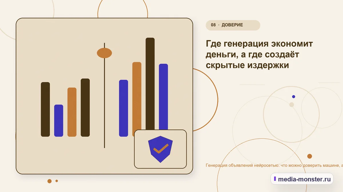 Сравнение вариантов. Где генерация экономит деньги, а где создаёт скрытые издержки: иллюстрация к статье «Генерация объявлений нейросетью: что можно доверить машине, а что переписывать…