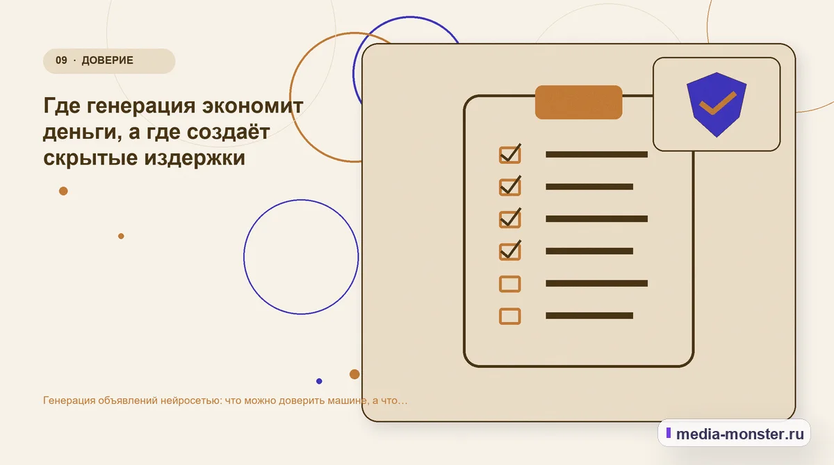Контрольные показатели. Где генерация экономит деньги, а где создаёт скрытые издержки: иллюстрация к статье «Генерация объявлений нейросетью: что можно доверить машине, а что переписывать…