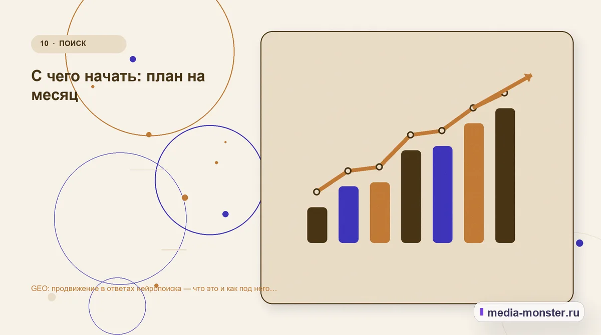 Итог и следующий шаг. С чего начать: план на месяц: иллюстрация к статье «GEO: продвижение в ответах нейропоиска — что это и как под него работать»