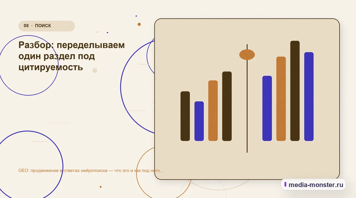 Сравнение вариантов. Разбор: переделываем один раздел под цитируемость: иллюстрация к статье «GEO: продвижение в ответах нейропоиска — что это и как под него работать»