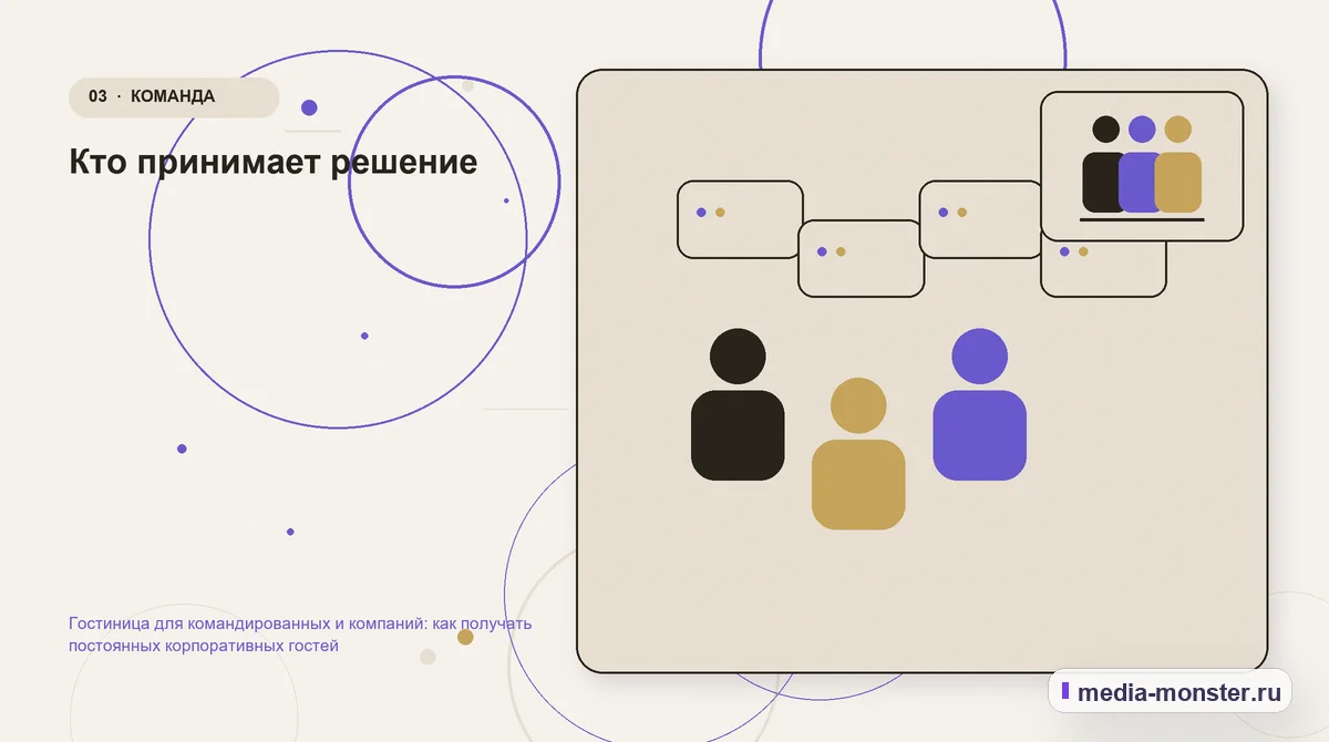 Аудитория и сценарий выбора. Кто принимает решение: иллюстрация к статье «Гостиница для командированных и компаний: как получать постоянных корпоративных гостей»