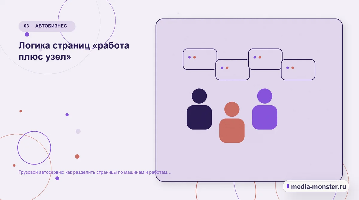 Грузовой автосервис: как разделить страницы по машинам и работам для владельцев парка — иллюстрация к разделу «Логика страниц «работа плюс узел»»