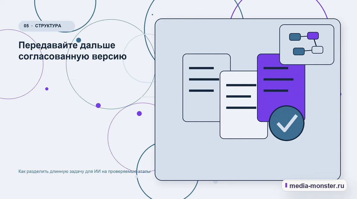 Изображение 5: Данные и доказательства — Как разделить длинную задачу для ИИ на проверяемые этапы | Media Monster Данные и доказательства. Передавайте дальше согласованную версию: иллюстрация к статье «Как разделить длинную задачу для ИИ на проверяемые этапы»