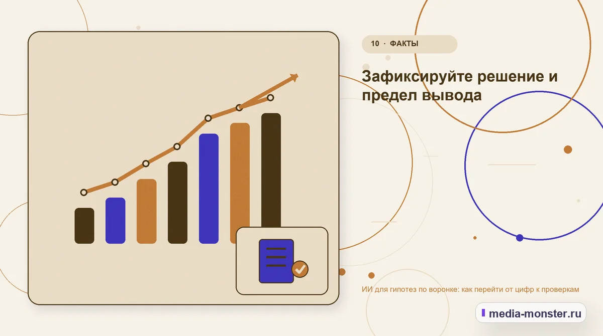 Итог и следующий шаг. Зафиксируйте решение и предел вывода: иллюстрация к статье «ИИ для гипотез по воронке: как перейти от цифр к проверкам»