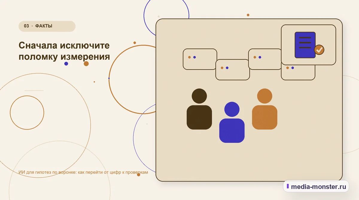 Аудитория и сценарий выбора. Сначала исключите поломку измерения: иллюстрация к статье «ИИ для гипотез по воронке: как перейти от цифр к проверкам»