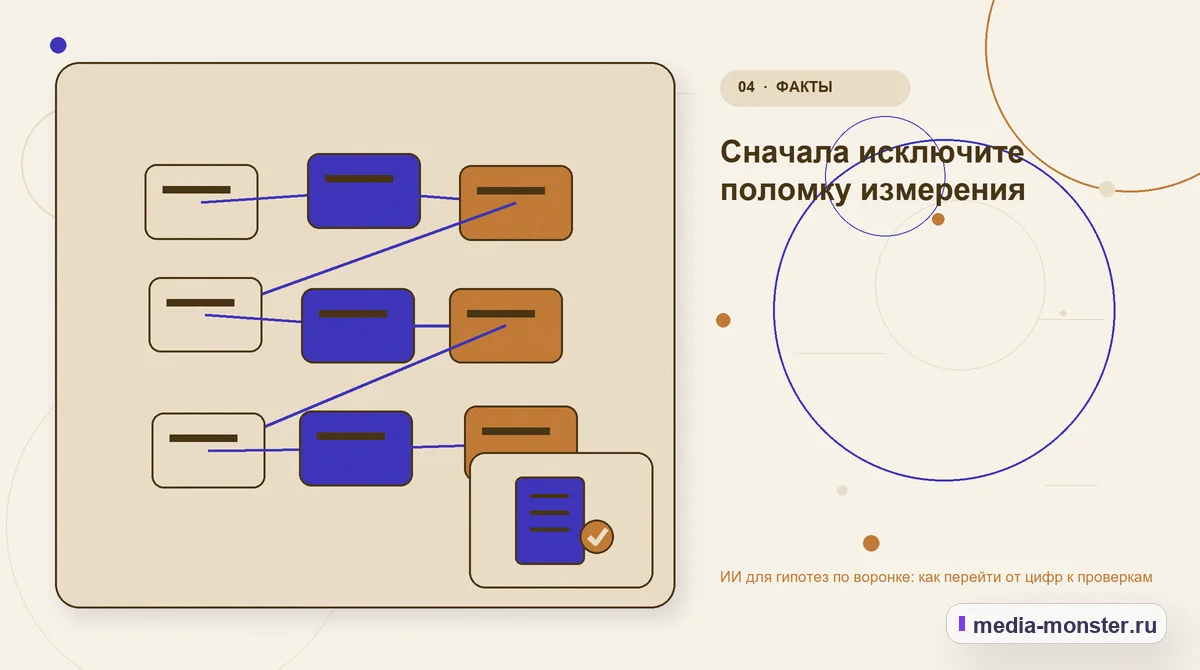 Структура решения. Сначала исключите поломку измерения: иллюстрация к статье «ИИ для гипотез по воронке: как перейти от цифр к проверкам»