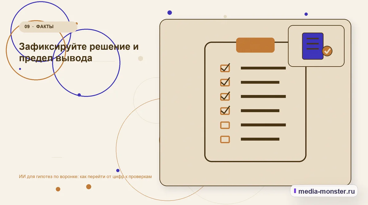 Контрольные показатели. Зафиксируйте решение и предел вывода: иллюстрация к статье «ИИ для гипотез по воронке: как перейти от цифр к проверкам»