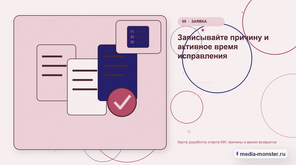 Данные и доказательства. Записывайте причину и активное время исправления: иллюстрация к статье «Карта доработок ответа ИИ: причины и время возвратов»