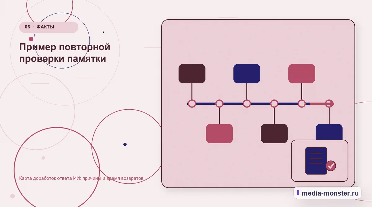 Последовательность работы. Пример повторной проверки памятки: иллюстрация к статье «Карта доработок ответа ИИ: причины и время возвратов»