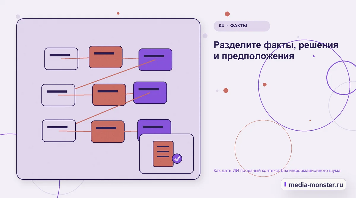 Структура решения. Разделите факты, решения и предположения: иллюстрация к статье «Как дать ИИ полезный контекст без информационного шума»