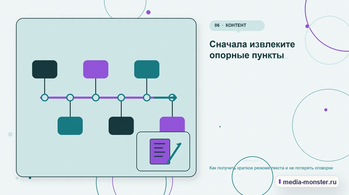 Последовательность работы. Сначала извлеките опорные пункты: иллюстрация к статье «Как получить краткое резюме текста и не потерять оговорки»