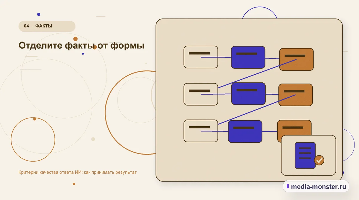 Изображение 4: Структура решения — Критерии качества ответа ИИ: как принимать результат | Media Monster Структура решения. Отделите факты от формы: иллюстрация к статье «Критерии качества ответа ИИ: как принимать результат»
