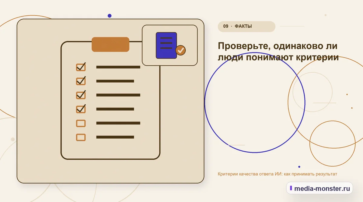 Изображение 9: Контрольные показатели — Критерии качества ответа ИИ: как принимать результат | Media Monster Контрольные показатели. Проверьте, одинаково ли люди понимают критерии: иллюстрация к статье «Критерии качества ответа ИИ: как принимать результат»