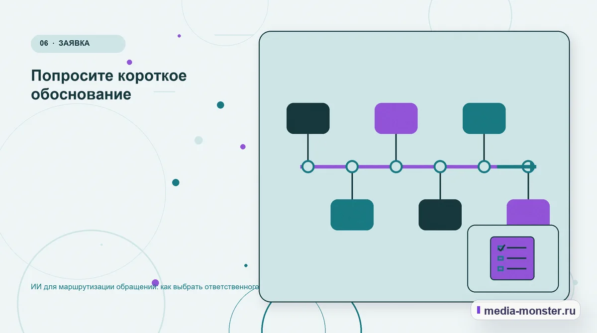 Изображение 6: Последовательность работы — ИИ для маршрутизации обращений: как выбрать ответственного | Media Monster Последовательность работы. Попросите короткое обоснование: иллюстрация к статье «ИИ для маршрутизации обращений: как выбрать ответственного»