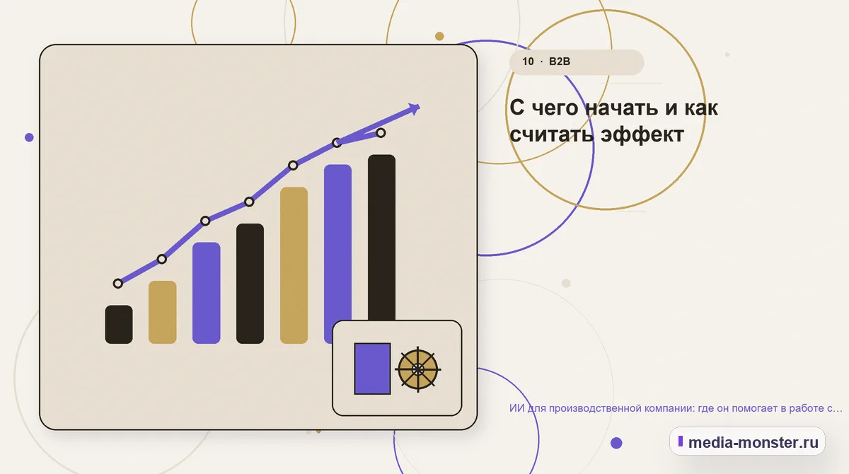 Изображение 10: Итог и следующий шаг — ИИ для производственной компании: где он помогает в работе с заявками и заказчиками | Media Monster Итог и следующий шаг. С чего начать и как считать эффект: иллюстрация к статье «ИИ для производственной компании: где он помогает в работе с заявками и заказчиками»