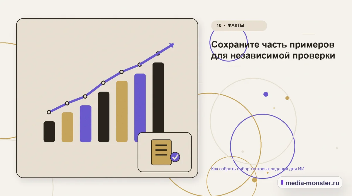 Итог и следующий шаг. Сохраните часть примеров для независимой проверки: иллюстрация к статье «Как собрать набор тестовых заданий для ИИ»
