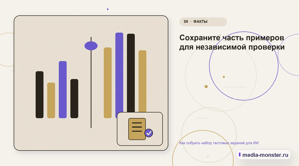 Изображение 8: Сравнение вариантов — Как собрать набор тестовых заданий для ИИ | Media Monster Сравнение вариантов. Сохраните часть примеров для независимой проверки: иллюстрация к статье «Как собрать набор тестовых заданий для ИИ»