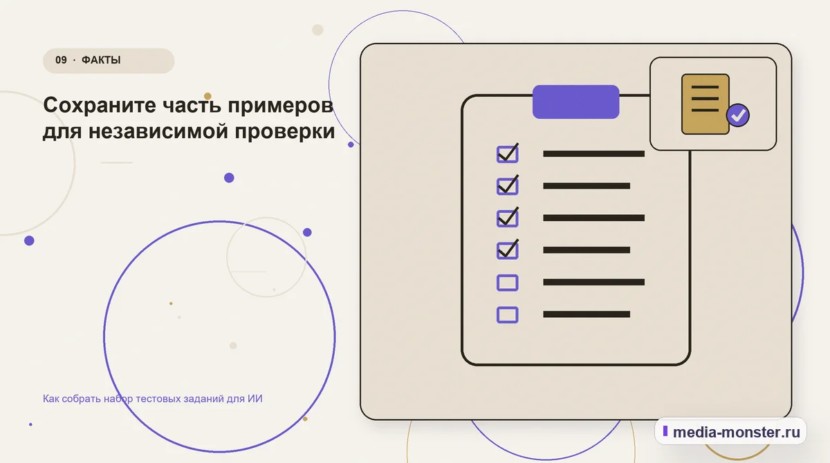 Изображение 9: Контрольные показатели — Как собрать набор тестовых заданий для ИИ | Media Monster Контрольные показатели. Сохраните часть примеров для независимой проверки: иллюстрация к статье «Как собрать набор тестовых заданий для ИИ»