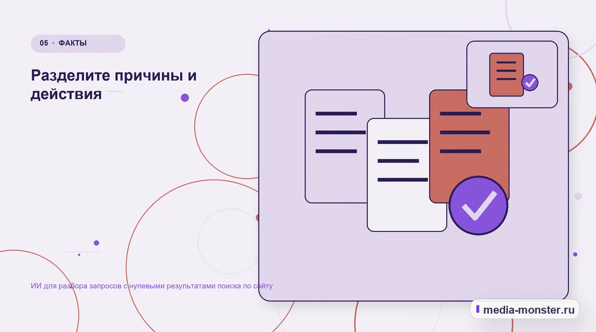 Изображение 5: Данные и доказательства — ИИ для разбора запросов с нулевыми результатами поиска по сайту | Media Monster Данные и доказательства. Разделите причины и действия: иллюстрация к статье «ИИ для разбора запросов с нулевыми результатами поиска по сайту»