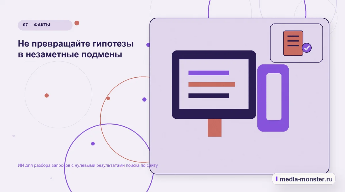 Каналы и точки контакта. Не превращайте гипотезы в незаметные подмены: иллюстрация к статье «ИИ для разбора запросов с нулевыми результатами поиска по сайту»