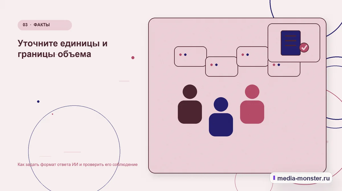 Изображение 3: Аудитория и сценарий выбора — Как задать формат ответа ИИ и проверить его соблюдение | Media Monster Аудитория и сценарий выбора. Уточните единицы и границы объема: иллюстрация к статье «Как задать формат ответа ИИ и проверить его соблюдение»