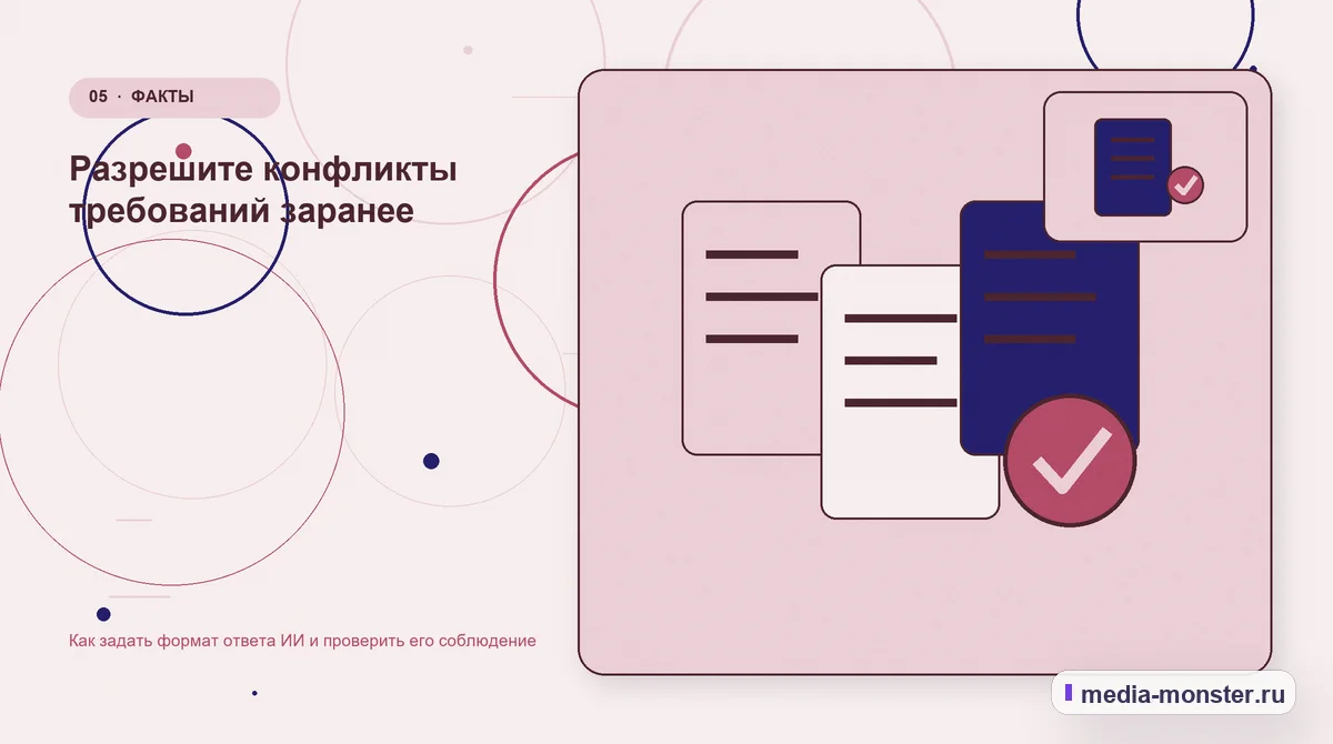 Изображение 5: Данные и доказательства — Как задать формат ответа ИИ и проверить его соблюдение | Media Monster Данные и доказательства. Разрешите конфликты требований заранее: иллюстрация к статье «Как задать формат ответа ИИ и проверить его соблюдение»