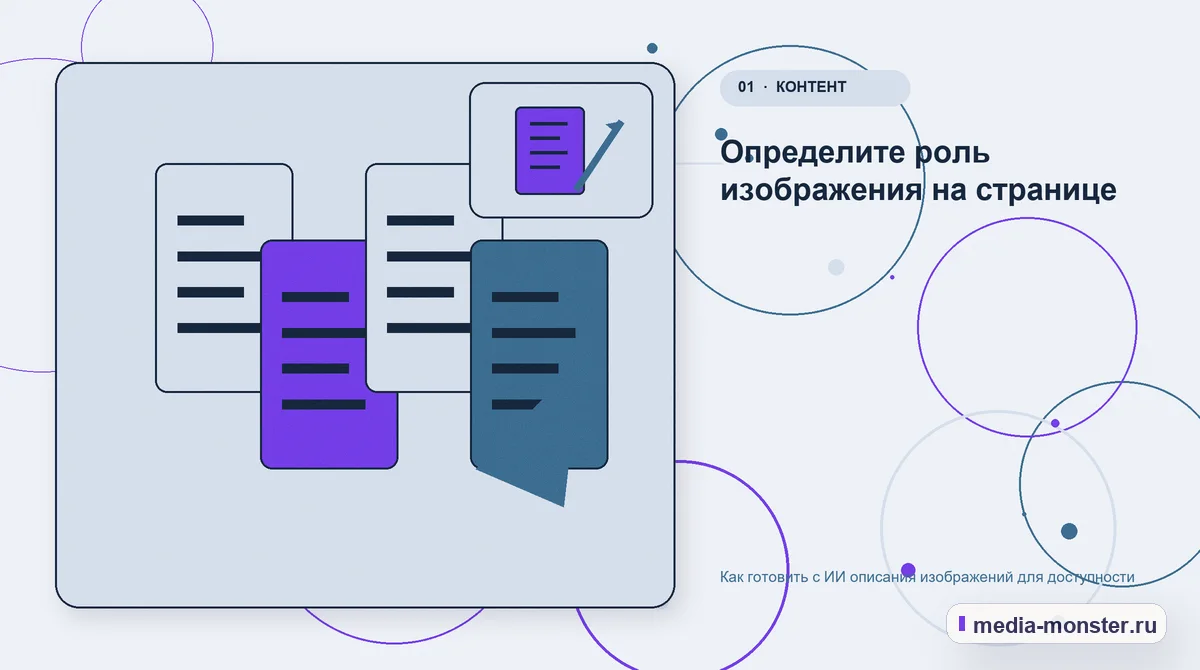 Ключевая тема материала. Определите роль изображения на странице: иллюстрация к статье «Как готовить с ИИ описания изображений для доступности»