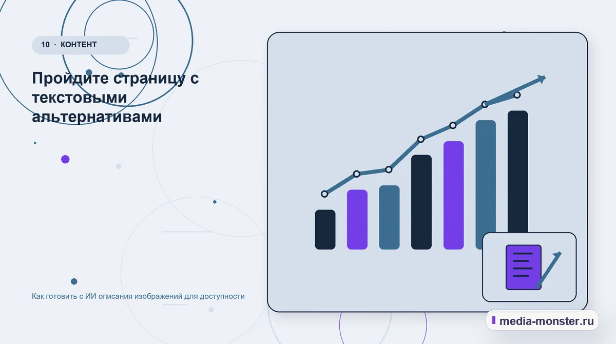 Изображение 10: Итог и следующий шаг — Как готовить с ИИ описания изображений для доступности | Media Monster Итог и следующий шаг. Пройдите страницу с текстовыми альтернативами: иллюстрация к статье «Как готовить с ИИ описания изображений для доступности»