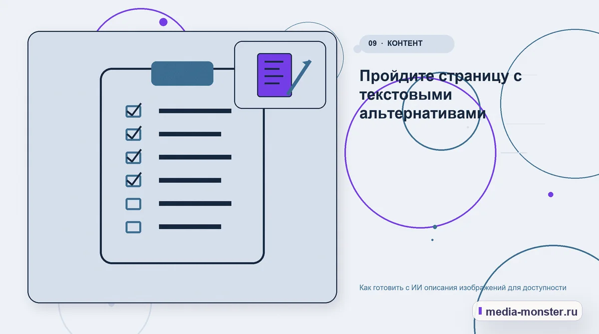 Контрольные показатели. Пройдите страницу с текстовыми альтернативами: иллюстрация к статье «Как готовить с ИИ описания изображений для доступности»