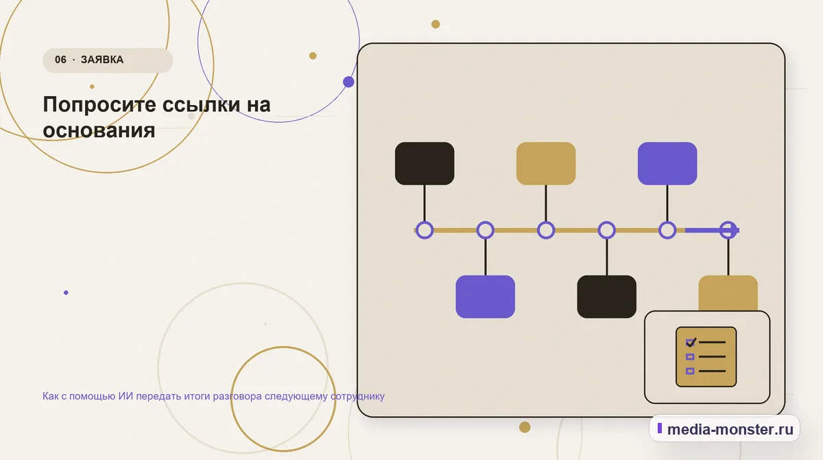 Последовательность работы. Попросите ссылки на основания: иллюстрация к статье «Как с помощью ИИ передать итоги разговора следующему сотруднику»