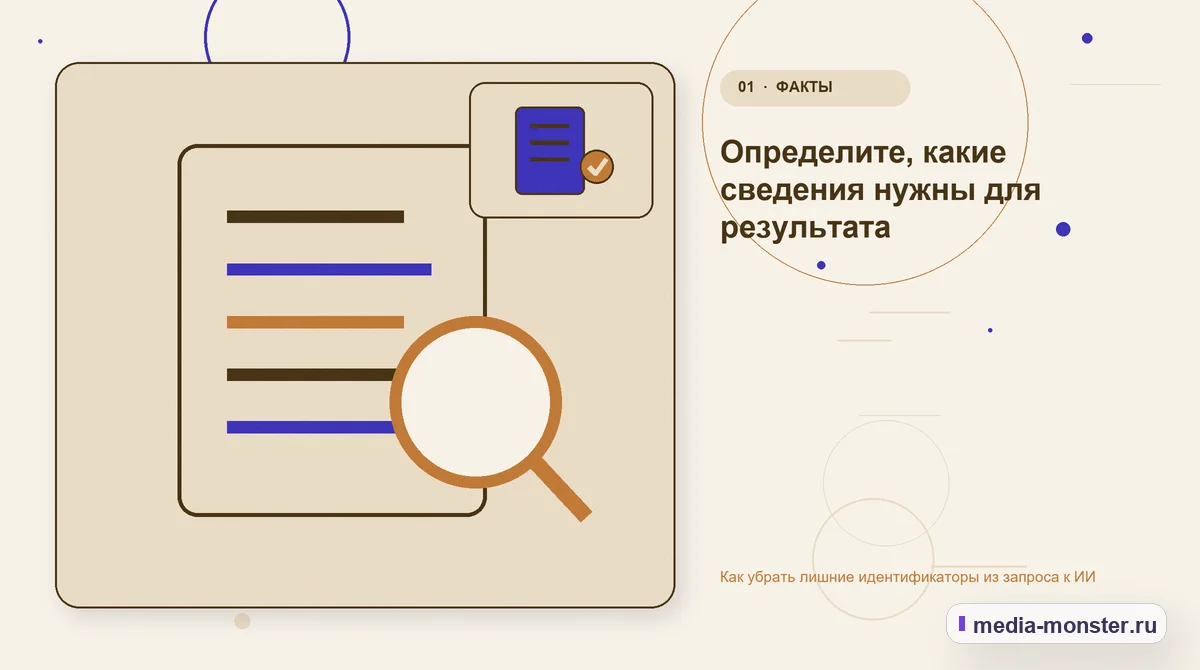 Изображение 1: Ключевая тема материала — Как убрать лишние идентификаторы из запроса к ИИ | Media Monster Ключевая тема материала. Определите, какие сведения нужны для результата: иллюстрация к статье «Как убрать лишние идентификаторы из запроса к ИИ»