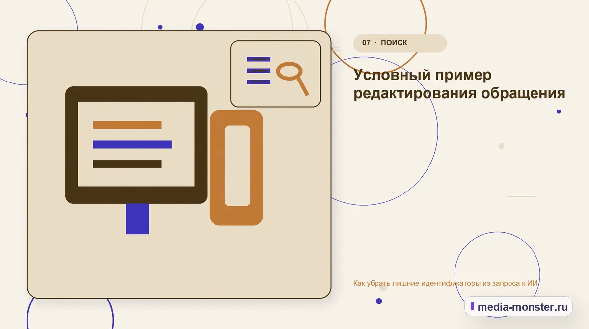 Изображение 7: Каналы и точки контакта — Как убрать лишние идентификаторы из запроса к ИИ | Media Monster Каналы и точки контакта. Условный пример редактирования обращения: иллюстрация к статье «Как убрать лишние идентификаторы из запроса к ИИ»