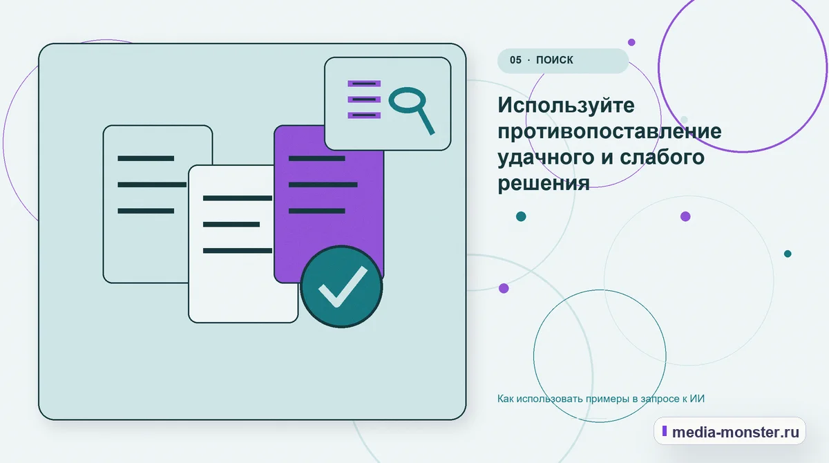 Изображение 5: Данные и доказательства — Как использовать примеры в запросе к ИИ | Media Monster Данные и доказательства. Используйте противопоставление удачного и слабого решения: иллюстрация к статье «Как использовать примеры в запросе к ИИ»