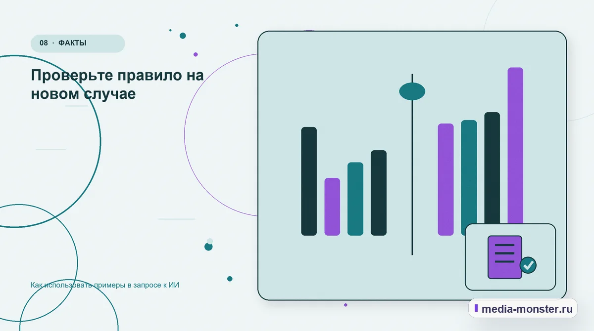 Изображение 8: Сравнение вариантов — Как использовать примеры в запросе к ИИ | Media Monster Сравнение вариантов. Проверьте правило на новом случае: иллюстрация к статье «Как использовать примеры в запросе к ИИ»