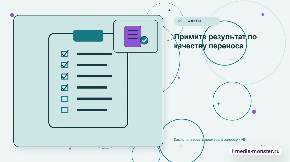 Контрольные показатели. Примите результат по качеству переноса: иллюстрация к статье «Как использовать примеры в запросе к ИИ»