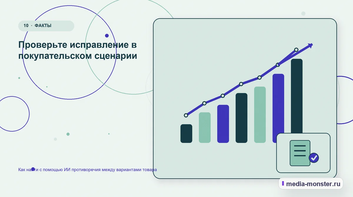 Итог и следующий шаг. Проверьте исправление в покупательском сценарии: иллюстрация к статье «Как найти с помощью ИИ противоречия между вариантами товара»