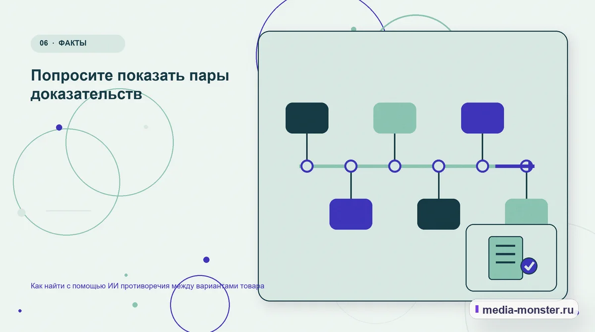 Изображение 6: Последовательность работы — Как найти с помощью ИИ противоречия между вариантами товара | Media Monster Последовательность работы. Попросите показать пары доказательств: иллюстрация к статье «Как найти с помощью ИИ противоречия между вариантами товара»