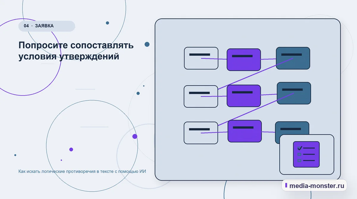 Структура решения. Попросите сопоставлять условия утверждений: иллюстрация к статье «Как искать логические противоречия в тексте с помощью ИИ»