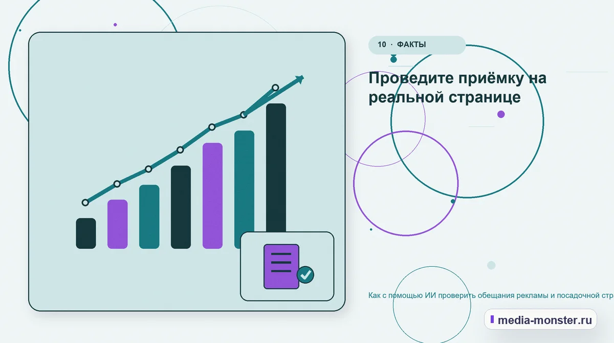 Изображение 10: Итог и следующий шаг — Как с помощью ИИ проверить обещания рекламы и посадочной страницы | Media Monster Итог и следующий шаг. Проведите приёмку на реальной странице: иллюстрация к статье «Как с помощью ИИ проверить обещания рекламы и посадочной страницы»