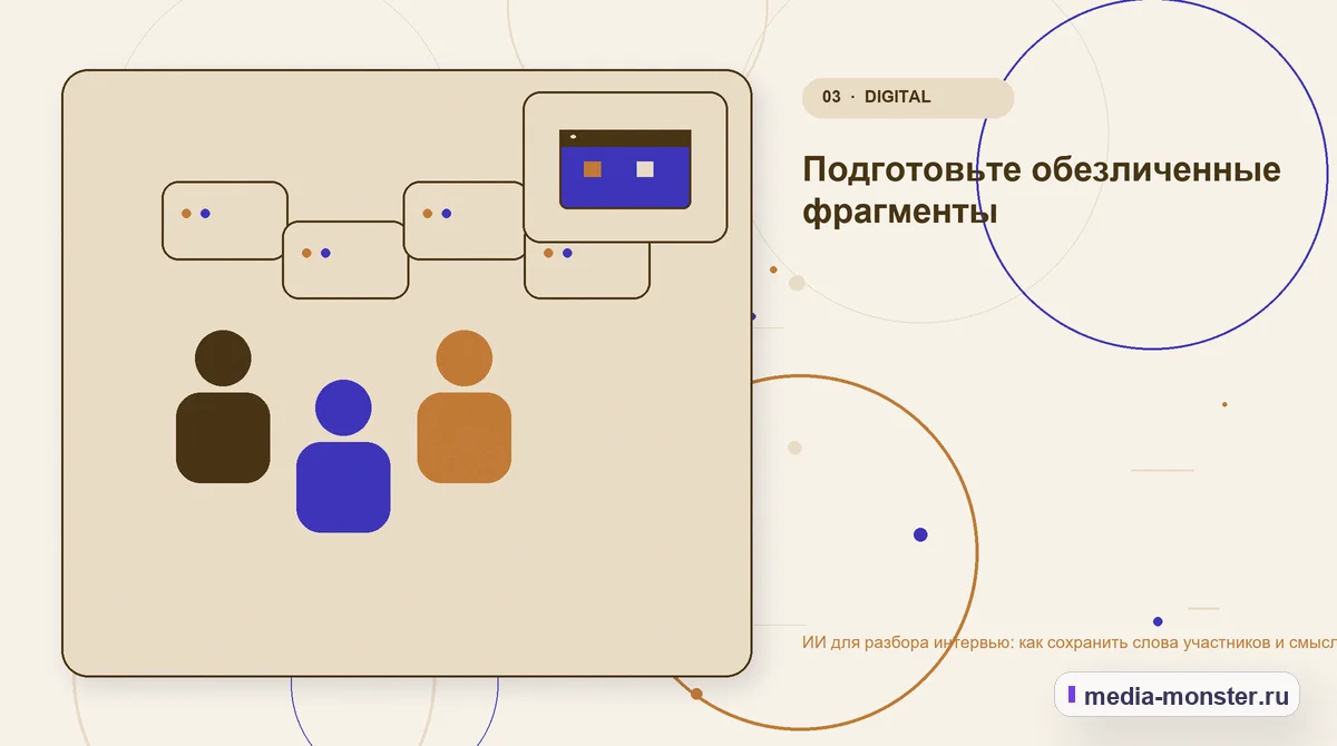 Аудитория и сценарий выбора. Подготовьте обезличенные фрагменты: иллюстрация к статье «ИИ для разбора интервью: как сохранить слова участников и смысл»