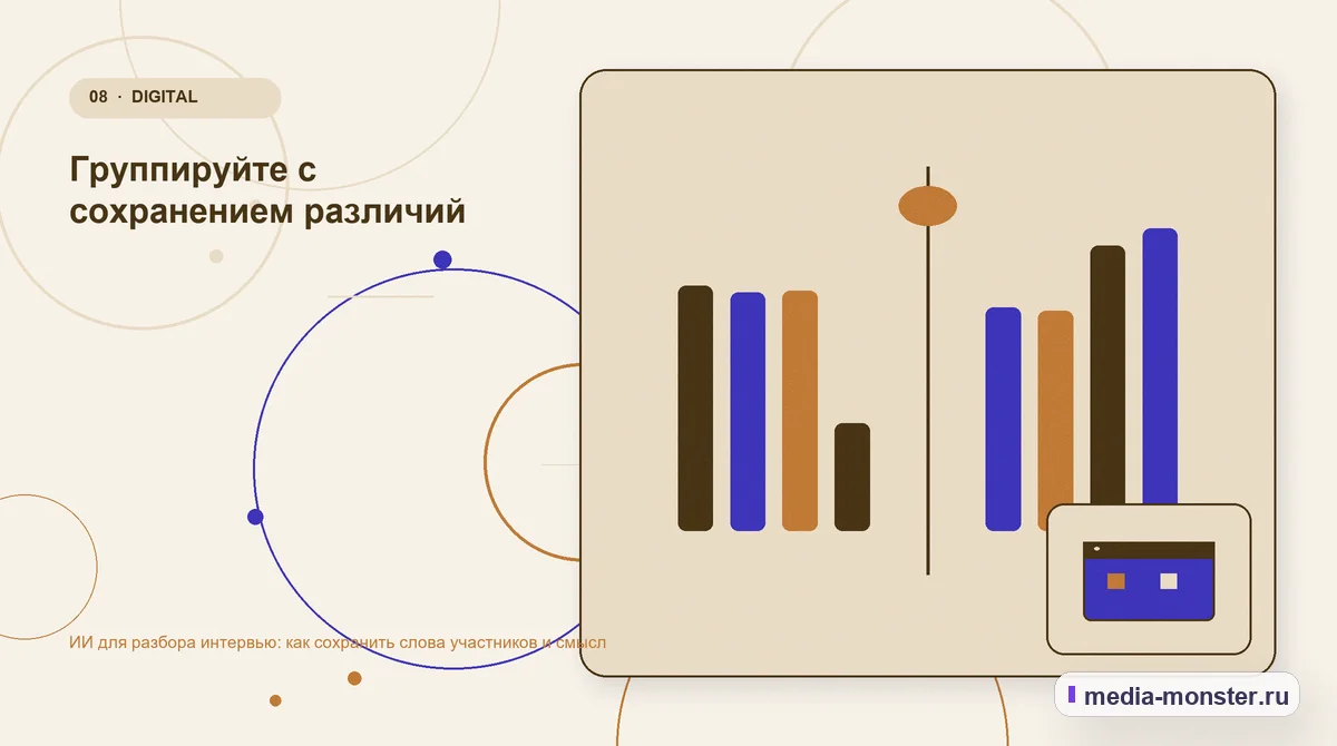 Изображение 8: Сравнение вариантов — ИИ для разбора интервью: как сохранить слова участников и смысл | Media Monster Сравнение вариантов. Группируйте с сохранением различий: иллюстрация к статье «ИИ для разбора интервью: как сохранить слова участников и смысл»