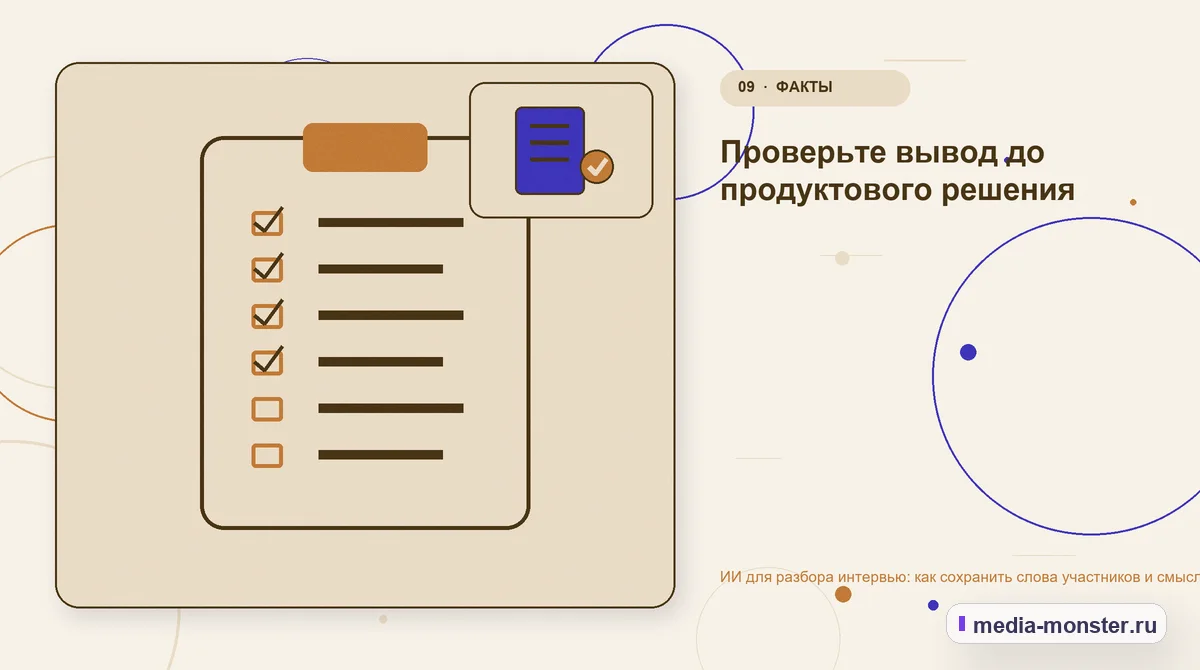 Изображение 9: Контрольные показатели — ИИ для разбора интервью: как сохранить слова участников и смысл | Media Monster Контрольные показатели. Проверьте вывод до продуктового решения: иллюстрация к статье «ИИ для разбора интервью: как сохранить слова участников и смысл»