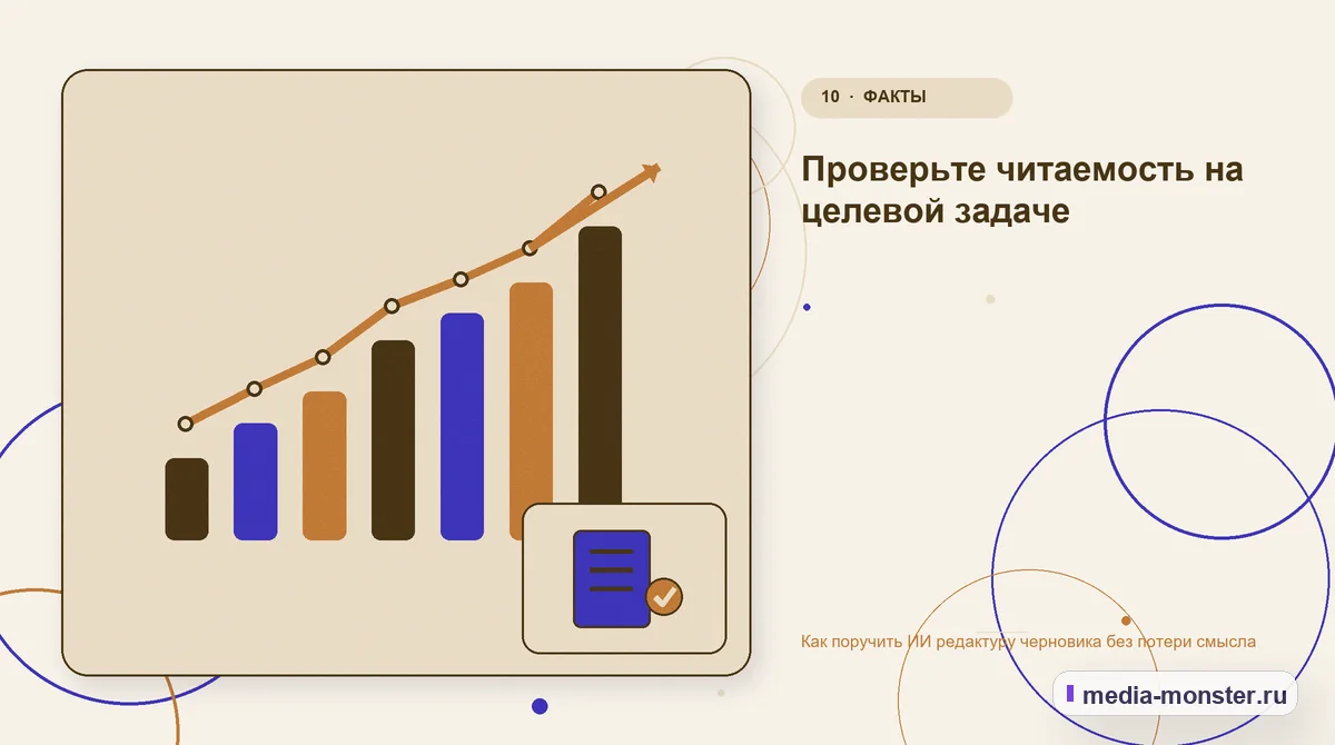 Изображение 10: Итог и следующий шаг — Как поручить ИИ редактуру черновика без потери смысла | Media Monster Итог и следующий шаг. Проверьте читаемость на целевой задаче: иллюстрация к статье «Как поручить ИИ редактуру черновика без потери смысла»