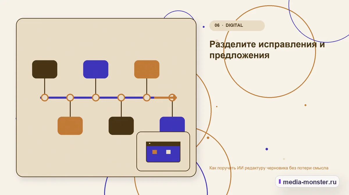 Изображение 6: Последовательность работы — Как поручить ИИ редактуру черновика без потери смысла | Media Monster Последовательность работы. Разделите исправления и предложения: иллюстрация к статье «Как поручить ИИ редактуру черновика без потери смысла»