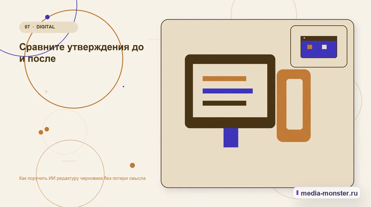 Изображение 7: Каналы и точки контакта — Как поручить ИИ редактуру черновика без потери смысла | Media Monster Каналы и точки контакта. Сравните утверждения до и после: иллюстрация к статье «Как поручить ИИ редактуру черновика без потери смысла»